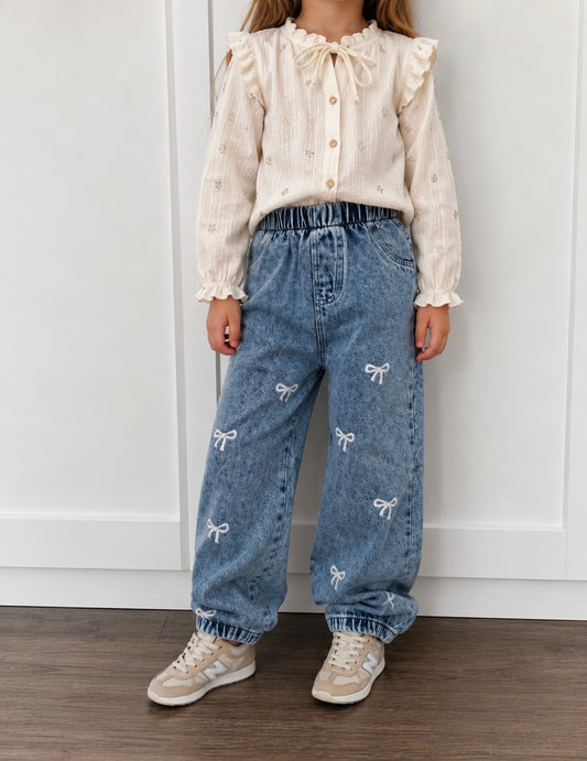 Lichtblauwe Meisjes Jeans met Witte Strikjes | Wide Leg Kinderbroek