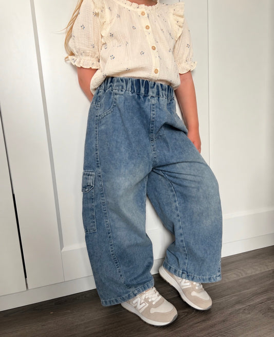 Lichtblauwe Cargo Jeans Meisje | Wide Leg Kinderbroek
